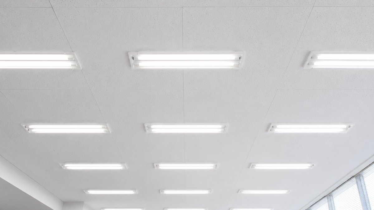 オフィスの天井に並ぶ蛍光灯照明