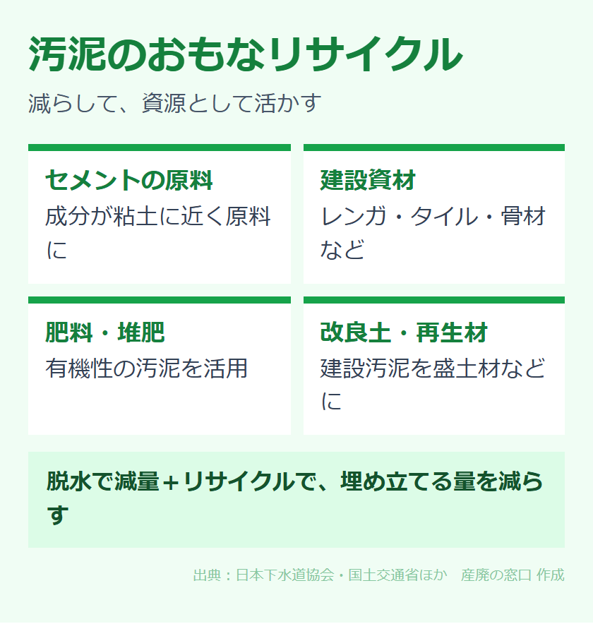 汚泥のおもなリサイクル用途