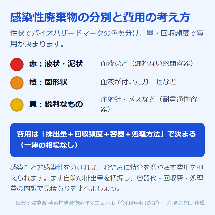 感染性廃棄物の分別と費用の考え方：バイオハザードマークは性状で色を分け、赤＝液状・泥状（血液など・漏れない密閉容器）、橙＝固形状（血液が付いたガーゼなど）、黄＝鋭利なもの（注射針・メスなど・耐貫通性容器）。費用は排出量＋回収頻度＋容器＋処理方法で決まり一律の相場はない。感染性と非感染性を分ければ費用を抑えられる